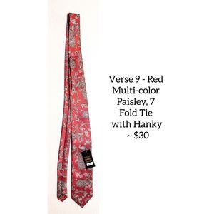 Verse 9 -Red Multi-color Paisley, 7 Fold Tie with Hanky